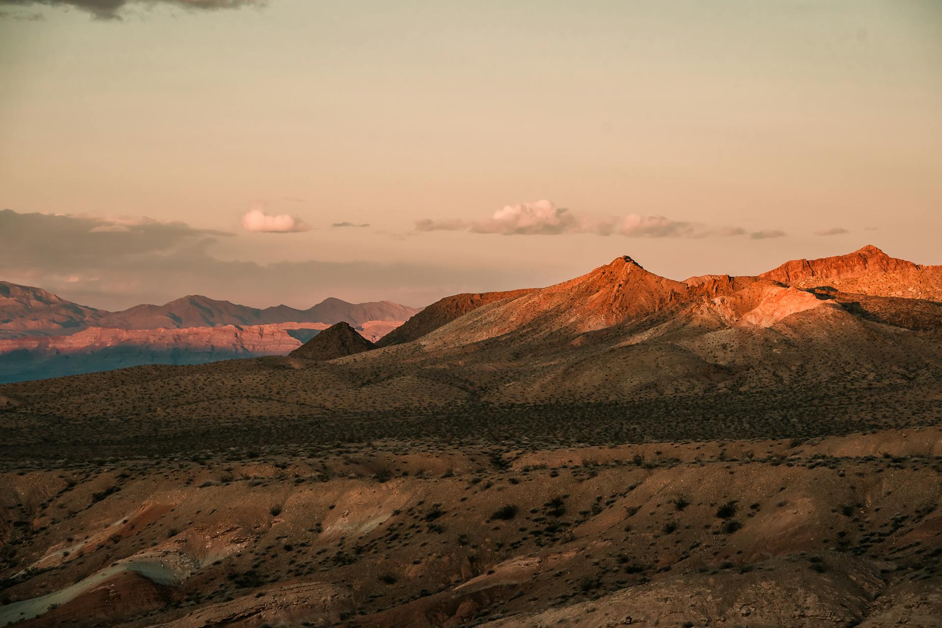 Sunset view over the rugged terrain of Moapa Valley, Nevada