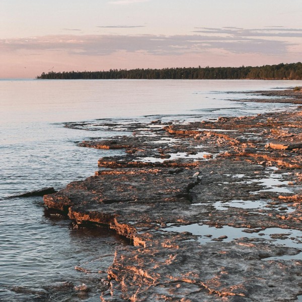 Wisconsin rocky shoreline sunset